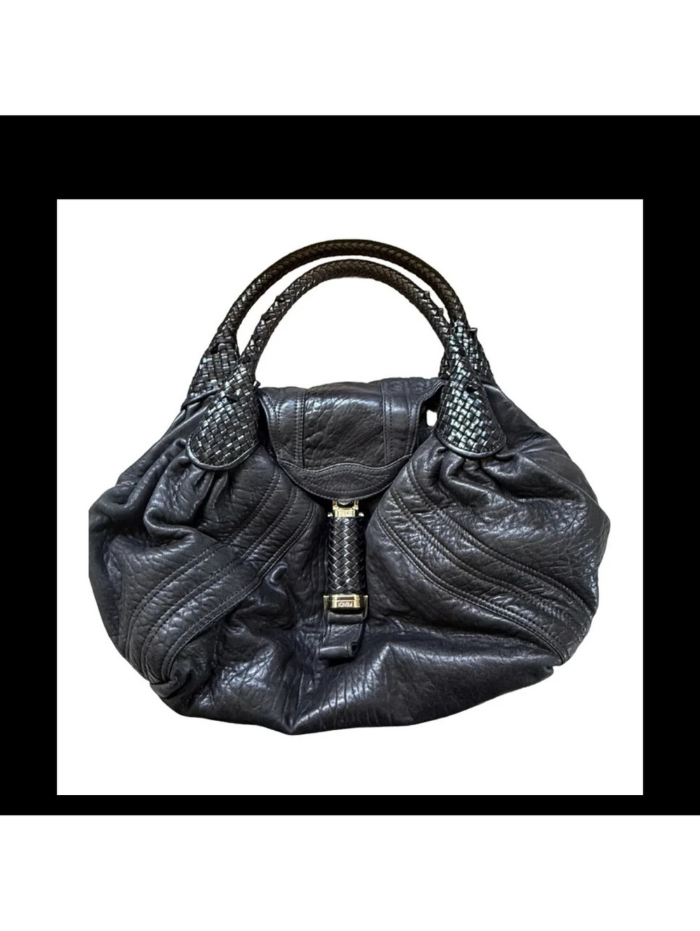 Fendi Spy Bag – Black Pebbled Leather with Woven Handles